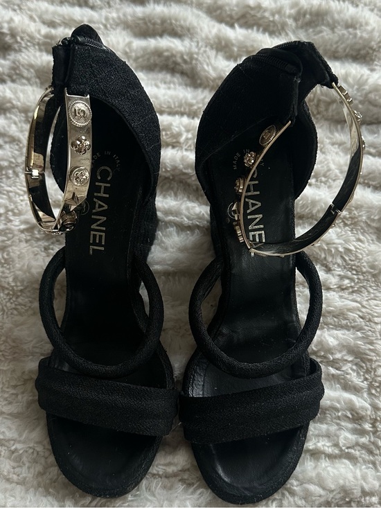 CHANEL Shoes - CHANEL Black Canvas Logo Lucky Charms Wedge Sandals